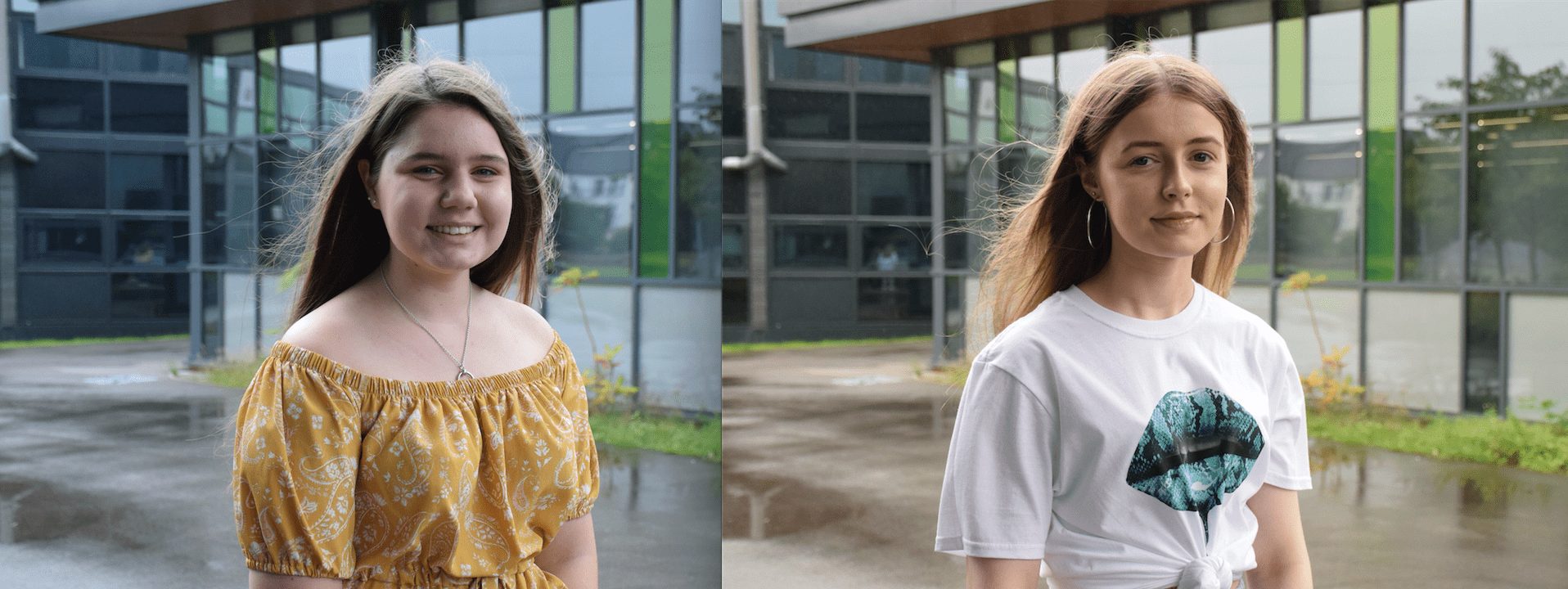Two young females smiling at the camera, one is wearing a bardot mustard coloured top and the other a white t-shirt