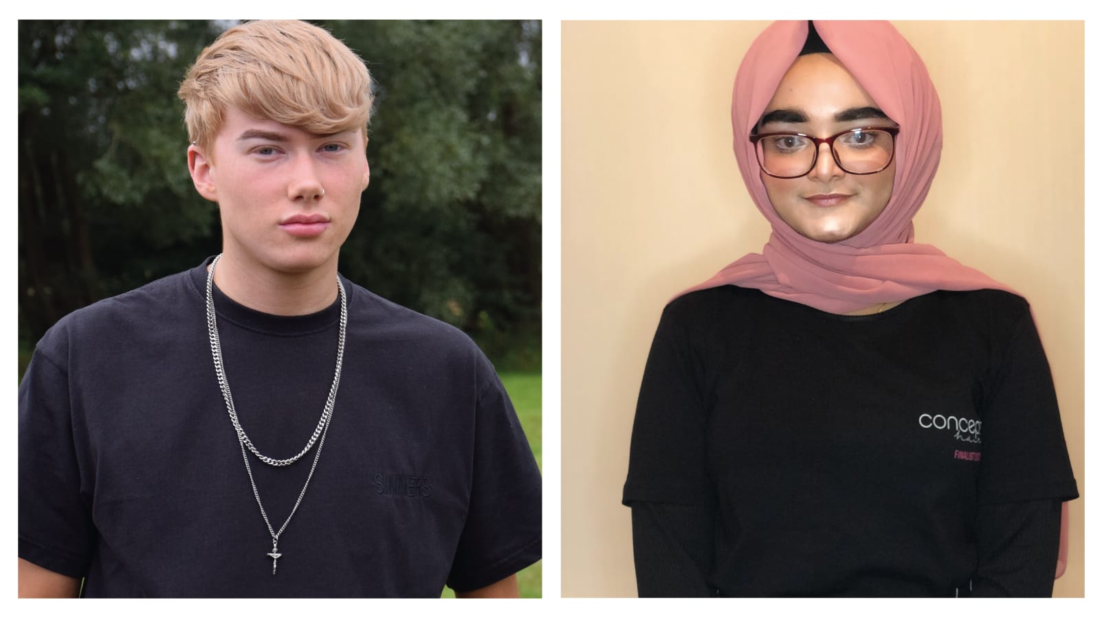 Triple success for Nelson and Colne College Group in Concept Hair Magazine Apprentice of the Year Competition - two students, one female and one male looking at the camera