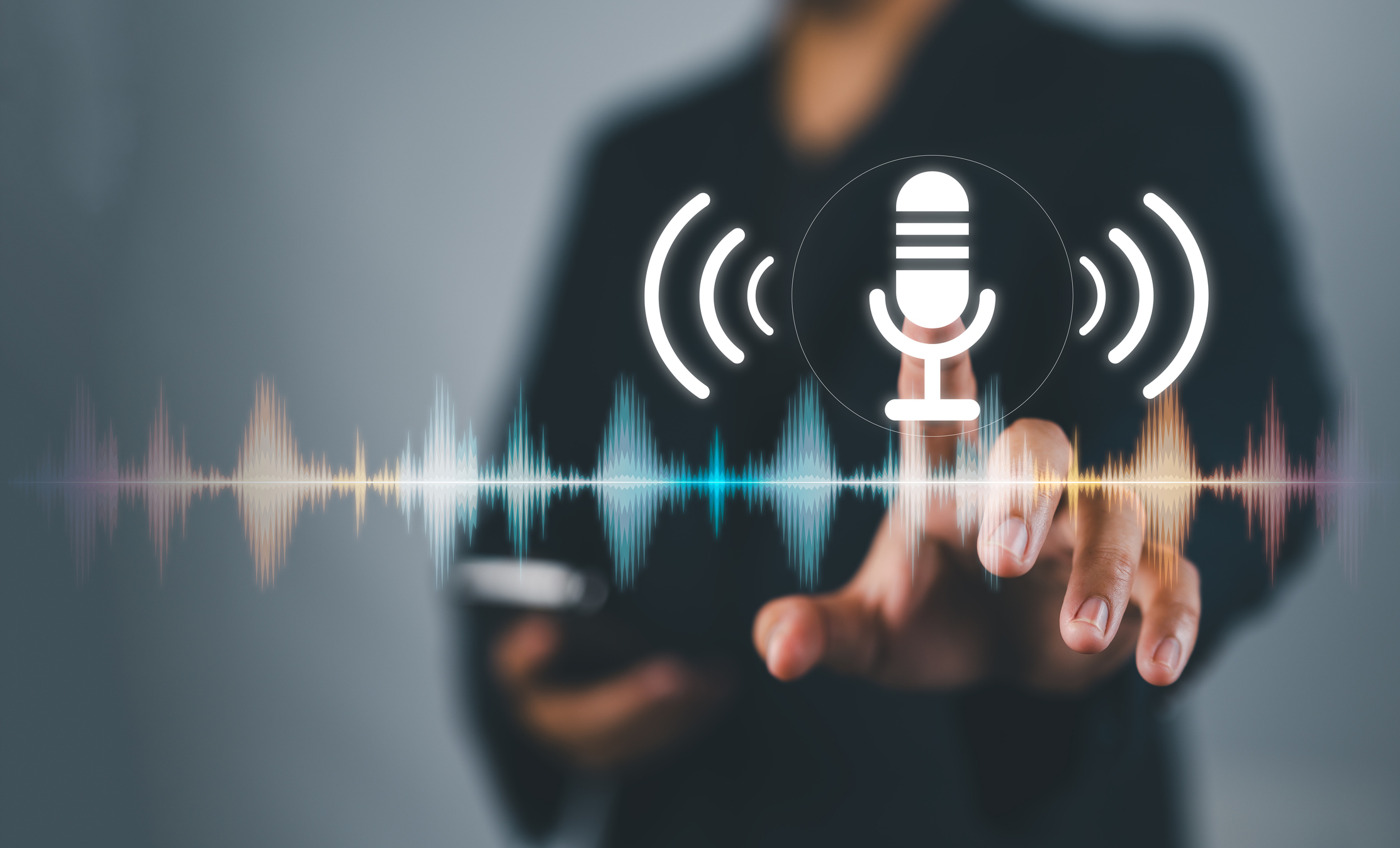 Business people Hand touch the microphone button on virtual screen. Blog speak talk advertising presentation, Voice recognition, speech detection and deep learning application, Voice Assistance