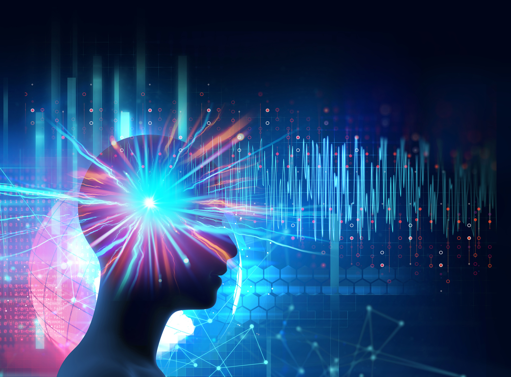 silhouette of virtual human on brain delta wave form 3d illustration